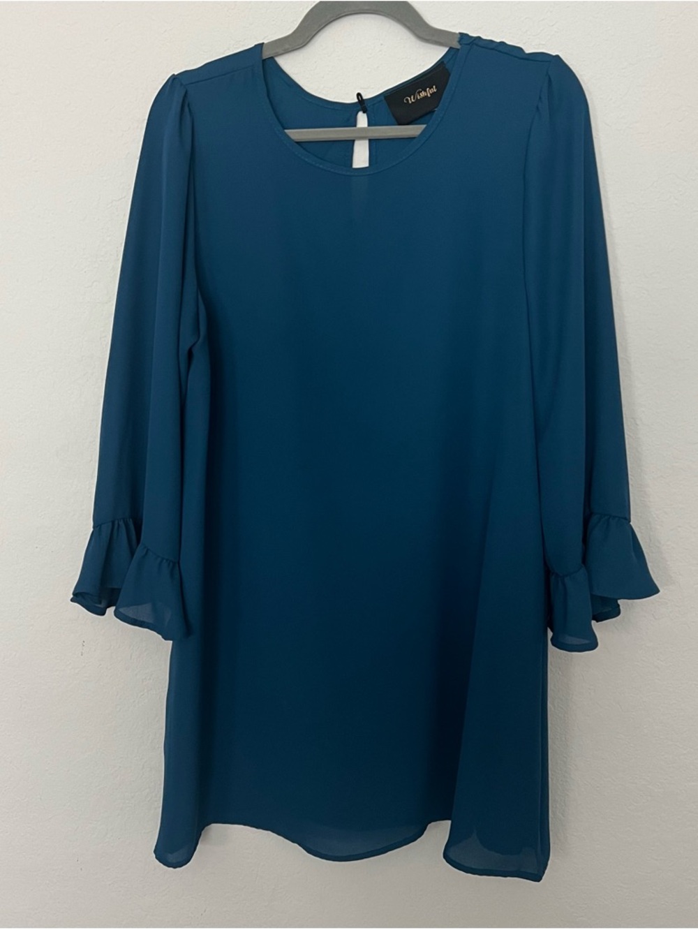 Wishful Teal Long-Sleeve Ruffle-Cuff Shift Dress